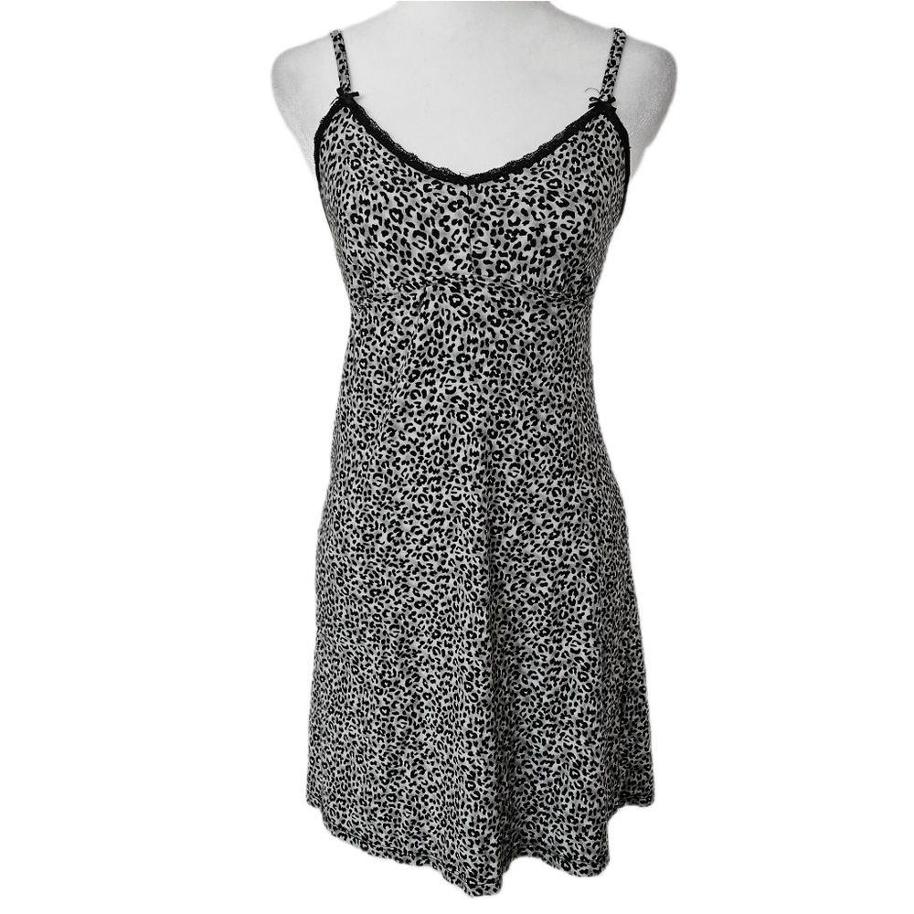 Rene Rofe Babydoll Leopard Print Slip Dress Womens Small Loungewear Y2K Bow Glam